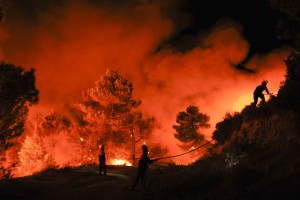 Bomberos del parque del área operativa de Vinalopó, Alicante trabajan en la extinción del incendio de Torremanzanas la noche del 13 de agosto de 2012.